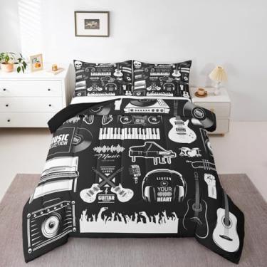 Imagem de Erosebridal Jogo de cama casal, com disco de vinil antigo, guitarra elétrica, vintage, trompete, jazz, funk, rock, hippie, conjunto de cama acolchoado, preto e branco