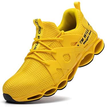 Imagem de Kezhiho Tênis masculino feminino, bico de aço, amarelo, leve, respirável, antiderrapante, estrutura indestrutível, sapatos de segurança, D02004 Amarelo, 15 Women/13.5 Men