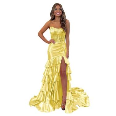 Imagem de Vestido de baile Mollyevers Yellow Satin Mermaid com fenda tamanho 10