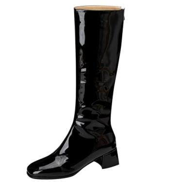 Imagem de Gogo Botas femininas cano alto salto baixo grosso bico quadrado alto outono inverno sapatos longos com zíper, Preto, 42