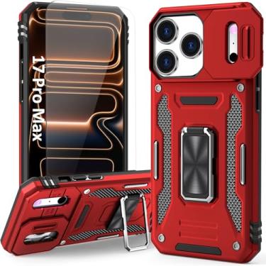 Imagem de SEFING Capa de celular compatível com iPhone 17 Pro Max com capa de câmera deslizante e protetor de tela HD, com suporte de anel de dedo, suporte magnético para carro, para iPhone 17Pro Max (vermelho)