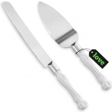 Imagem de Conjunto de faca e servidor de bolo elegante branco, cortador de bolo e espátula de torta, conjunto de 2 facas e servidor de bolo com lâminas grossas, conjunto de corte de bolo para Festas