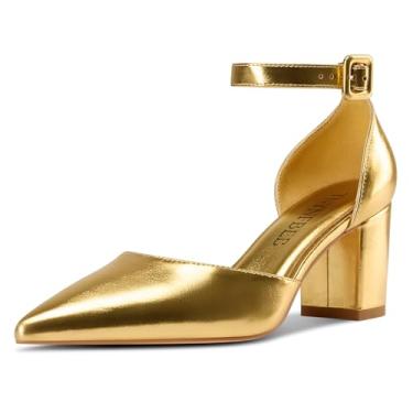 Imagem de TNYNFBEB Sapato feminino de salto médio, salto médio, bico fino, tira no tornozelo, fivela, vestido de casamento de formatura, salto de 6 cm, Dourado, 36