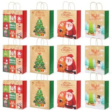Imagem de 12 peças de sacos de presente Kraft de Natal médios de estilos variados sacos de papel pequenos de Natal com alças sacolas de presente com estampas de Natal para embrulho de presente de Natal