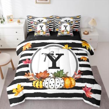 Imagem de Erosebridal Conjunto de cama de 7 peças, colheita de outono, letra Y, conjunto de edredom com lençol solteiro, para crianças, adolescentes e adultos, cama de abóbora de bolinhas em um saco, outono e