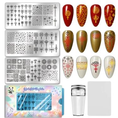 Imagem de PH PandaHall 3 peças placa de carimbo de unha de nó chinês, estilo chinês, manicure, modelo de arte, janela, padrão de treliça, placa de imagem de unha de aço inoxidável, estampador de unhas para