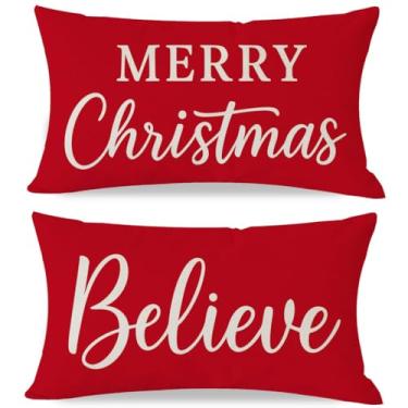 Imagem de PANDICORN Conjunto de 2 capas de almofada decorativas Christmas Red Merry Christmas Believe Christmas 30 x 50 cm, capa de almofada de Natal para decoração de sofá PP-894-12
