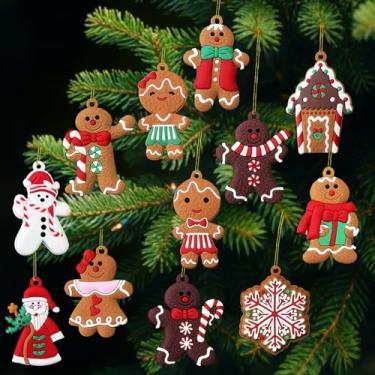 Imagem de 12 peças de enfeites de gengibre – Enfeites de Natal fofos para decoração de árvore de Natal – Boneco de neve floco de neve, enfeite de casa de pão de gengibre para decoração de porta, mochila e