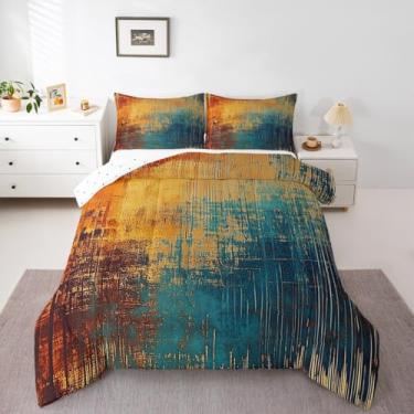 Imagem de Feelyou Conjunto de edredom de arte abstrata para todas as estações, azul-petróleo e laranja, arte colorida, conjunto de cama com 2 fronhas, design retrô em aquarela, microfibra para decoração de