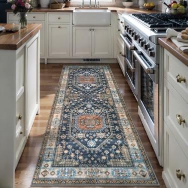 Imagem de Tangsoo Tapete vintage 5 x 15 cm lavável para corredores, azul/laranja, antiderrapante, tapete longo