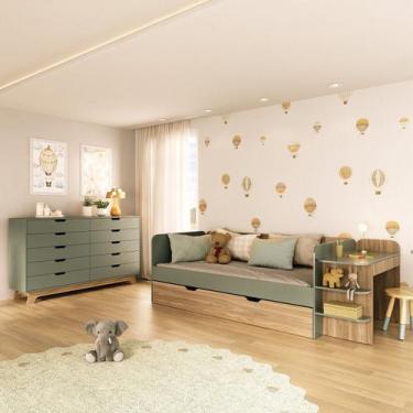Imagem de Quarto Infantil Cama de Solteiro 3 em 1 e Cômoda 10 Gavetas em Mdf Pre
