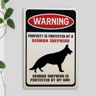 Imagem de Placa de metal de aviso de pastor alemão presente engraçado para amantes de cães para mulheres homens retrô jardim quintal banheiro banheiro decoração de parede 18 x 26 centímetros