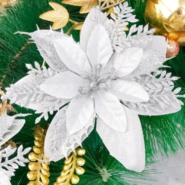 Imagem de 5 peças de tecido com glitter de Natal, flor, poinsétia artificial, cabeça floral, árvore de Natal, decoração faça você mesmo, enfeite de guirlanda, decoração de casa, prata, 14 cm