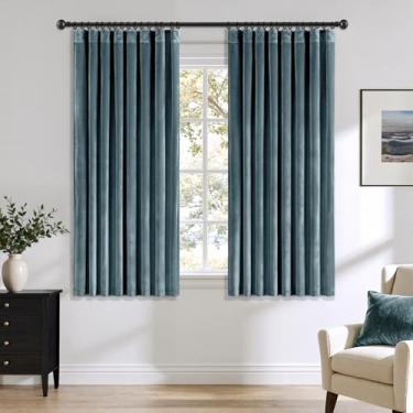 Imagem de Cortinas de veludo azul acinzentado 153 cm de comprimento blackout com isolamento térmico à prova de som, cortinas de escurecimento de quarto, cortinas de janela plissadas para quarto, sala de estar