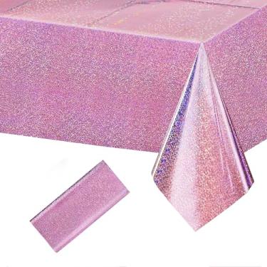 Imagem de Toalhas de mesa holográficas a laser rosa, brilhantes, toalhas de mesa retangulares descartáveis de 137 x 274 cm, para festa de aniversário, casamento, aniversário, despedida de solteira, decoração de