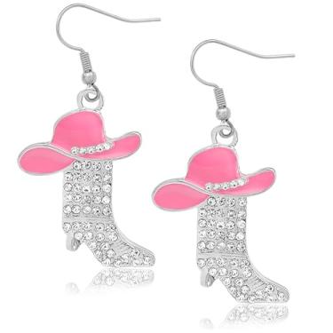 Imagem de Western West Cowgirl Texas Boots Spur Brincos pendentes Country Concert Outfit Accessories Rodeo Boho fantasia vestido chique, botas prateadas, chapéu rosa