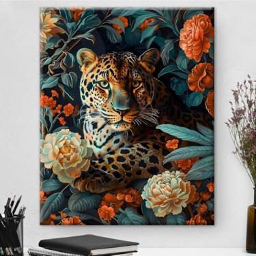 Imagem de Arte de parede botânica vintage de leopardo majestoso emoldurado - Decoração de parede com flores escuras Academia para sala de estar quarto casa 20 x 25 cm