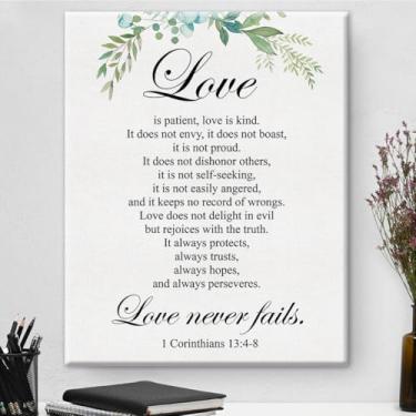 Imagem de Arte de parede em tela cristã Love is Patient Love is Kind 1 Corinthians 13:4-8 Impressão em tela escritura positiva pintura em tela para casa quarto decoração de parede emoldurada presente de