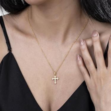 Imagem de Colar com pingente de cruz de aço inoxidável, joia cristã de strass, presente para a fé feminina e uso diário, 18+2 Inches, Aço inoxidável, Sem Pedra Preciosa