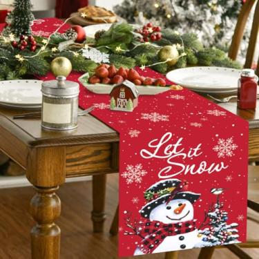 Imagem de Caminho de mesa de Natal Let It Snow - boneco de neve vermelho floco de neve inverno férias decorativas decorações de mesa de fazenda para jantar de cozinha, decoração de festa de jantar interna e