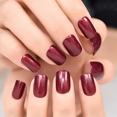 Imagem de 24 peças de unhas postiças de Natal curtas médias quadradas vermelhas cereja brilhante acrílico glitter cobertura completa cola em unhas para mulheres, acabamento de férias reutilizável, decoração de