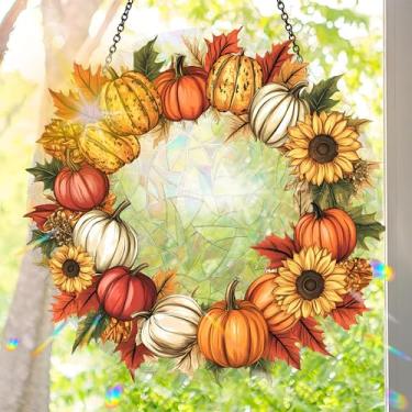 Imagem de Acrílico colorido Suncatcher, pingente de pendurar apanhador de sol estilo vitral de abóbora, decoração de arte de parede de arco-íris com corrente, refrator de janelas de luz do sol, ornamento