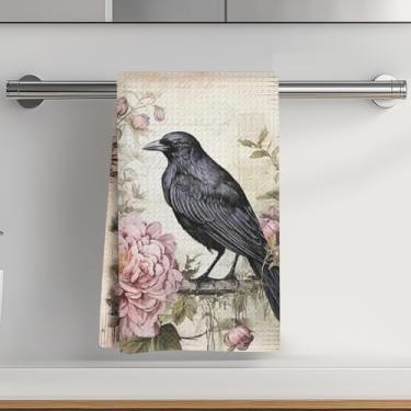 Imagem de Toalhas de cozinha de corvo 35 x 61 cm, reutilizáveis absorventes florais waffles tecidos, toalhas de chá, presentes para amantes de pássaros, mulheres, para limpeza, cozinha, cozimento, outono