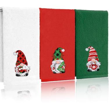 Imagem de HUFAND 3 peças de toalhas de mão de Natal para banheiro 13,8 x 29,5 polegadas algodão gnomo bordado, conjunto de toalhas de banho absorventes macias decorativas para Natal, decoração de cozinha