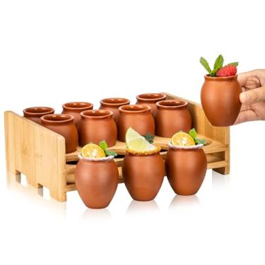 Imagem de SUN GKOTTA 12 peças de 60 ml Cantaritos De Barro Mexicanos com suporte, mini copos de coquetel de cerâmica Jarritos de Barro Mexicanos, copos mexicanos de taco terça-feira para celebração, tequila