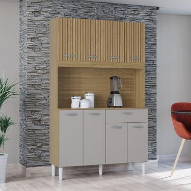 Imagem de Cozinha Compacta 8 Portas 1 Gaveta Cássia Poquema Damasco/ripado/offwhite