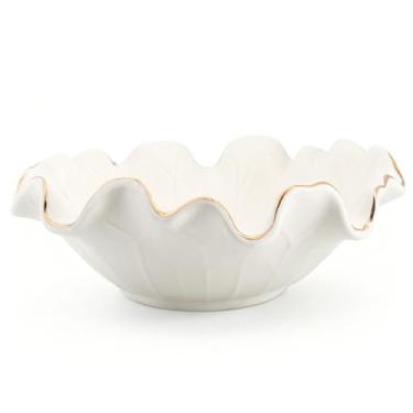 Imagem de Aimtobest Tigela de babados de cerâmica branca feita à mão de 20 cm com acabamento dourado – Design de lótus moderno, tigela de frutas decorativa pequena para balcão de cozinha e porta-chaves para