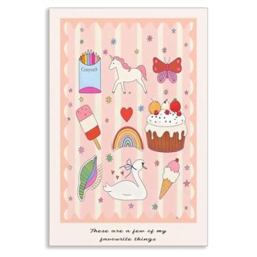 Imagem de Xianyojafa Arte de parede em tela rosa pastel, pôster impresso de coisas favoritas para crianças, imagem de cisne de borboleta sereia e arco-íris, pintura de sorvete de giz de cera de quarto de bebê