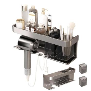 Imagem de GCFTIFF Suporte para secador de cabelo, organizador de secador de cabelo, com prateleira e caixa organizadora removível individualmente, suporte de secador de cabelo de alumínio para banheiro
