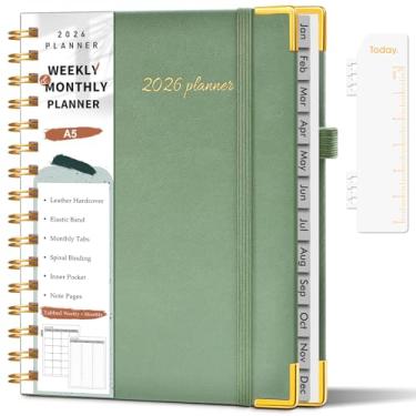 Imagem de Agenda A5 2026, agenda semanal e mensal de janeiro de 2026 a dezembro de 2026, agenda horária de couro de capa dura de 14,6 cm x 21,3 cm com abas, agenda diária em espiral para escola, trabalho, casa