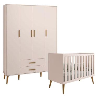 Imagem de Berço Americano E Guarda Roupa Infantil 4 Portas Isis Rosa Acetinado - Reller