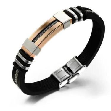 Imagem de Pulseira Bracelete Masculino Silicone Com Detalhe Aço Inox  - Euro Imp