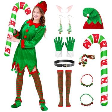 Imagem de SERTAS Fantasia de elfo para mulheres, vestido de veludo, ajudante do Papai Noel, roupa para festa de Natal, cosplay, Vermelho e verde, GG