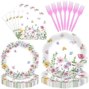 Imagem de Herytem Conjunto de 96 peças de talheres de borboleta floral – Pratos descartáveis, guardanapos e garfos rosa para festas de jardim, chás de bebê, aniversários e celebrações de primavera
