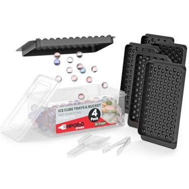 Imagem de Conjunto de 4 bandejas de gelo redondas pretas para cubos de gelo, sem BPA, com tampa, cesto e pinça, 104 bolas de gelo por bandeja para uísque, café e coquetéis, congelamento rápido e liberação fácil
