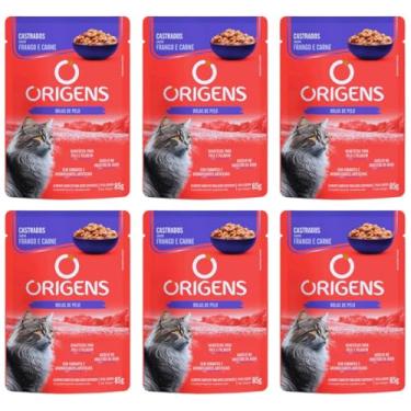 Imagem de Ração Úmida Origens Sachê Gatos Castrados Frango e Carne 85g 6 Unidades