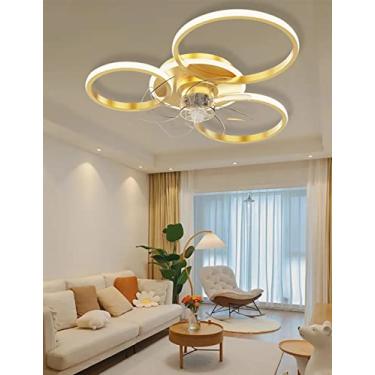 Imagem de Ventilador de teto LED com iluminação moderna em anel, dimerizável, ultra silencioso, com cúpula de acrílico e potência ajustável (Dourado, 3 anéis, 63W)