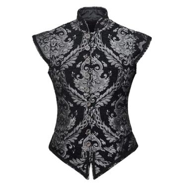 Imagem de Diajosa cos Colete masculino Tudor Doublet colete vitoriano medieval renascentista Tudor Príncipe King Ren Faire Jerkin colete colete (preto, prata, M)