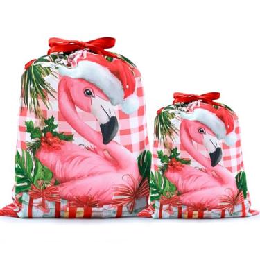 Imagem de Mshutbna 2 sacos de presente de Natal flamingo, 2 peças, sacos de embrulho de tecido reutilizável com cordão para presentes de Natal, decorações de festa, lembrancinhas de feriado 40 x 30 x 25 cm