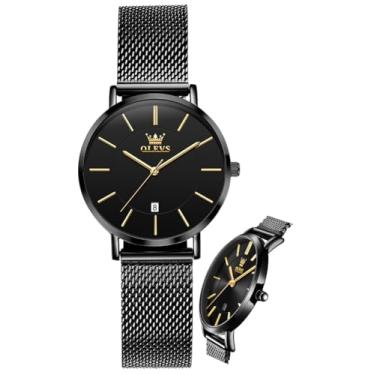 Imagem de OLEVS Relógios femininos para mulheres, relógio de pulso feminino, pulseira de couro, impermeável, fino, minimalista, casual, vestido simples, quartzo analógico com calendário de data, Relógio preto