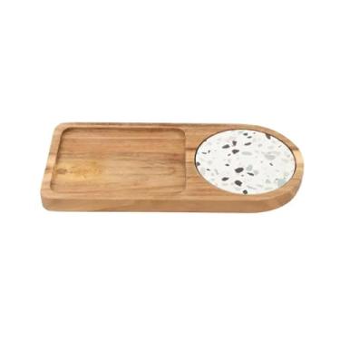 Imagem de ZABEES Prato de queijo, bandeja de madeira para servir com porta-copos de cerâmica, oval, frutas, sobremesa, prato de jantar, bandeja de chá, conjunto de utensílios de mesa para jantar