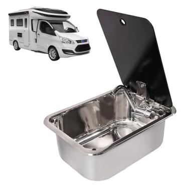 Imagem de JYXYXSCP Pia para trailer, pia de barra de aço inoxidável, kit de pia de trailer com torneira dobrável quente e fria e tampa de vidro temperado, bancada externa (quadrada)