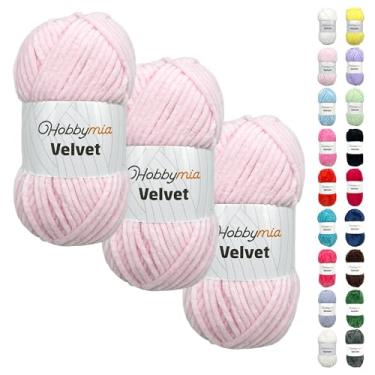 Imagem de HobbyMia Veludo - fio de chenille para crochê - 100 g / 132 jardas - (6) super volumoso - fio fofo para crochê - cobertor de bebê, amigurumi, xale (rosa - rosa claro, 3 novelos)