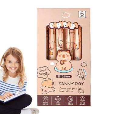 Imagem de Canetas retráteis de desenho animado | Caneta mecânica capivara de 0,5 mm - Conjunto de marcadores de página de secagem rápida de ponta fina 6 x tinta à base de água para notas escolares