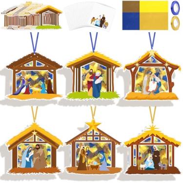 Imagem de Aneco 24 conjuntos de kits de artesanato de presépio de Natal para fazer um presépio em papel placa de papel para decoração de árvore de Natal pendurada para festas, férias, atividades domésticas