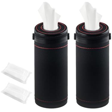 Imagem de 2 peças de lenços de carro cilíndricos de couro redondo recipiente para lenços de carro com caixa de lenços cilíndrica com disjuntor de janela para carro, veículo, banheiro, escritório